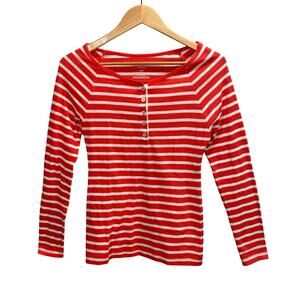 Y2k Henley Top Small Red White Striped Long Sleeve Button Up Preppy Casual‎